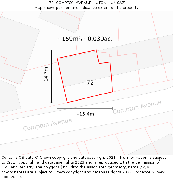 72, COMPTON AVENUE, LUTON, LU4 9AZ: Plot and title map