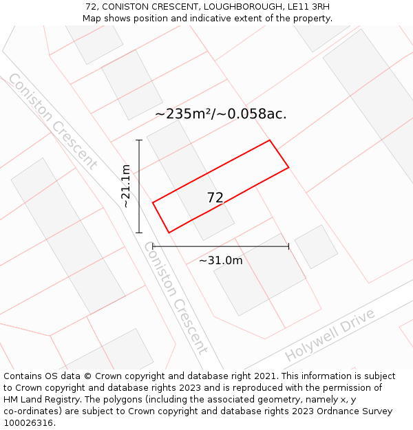 72, CONISTON CRESCENT, LOUGHBOROUGH, LE11 3RH: Plot and title map