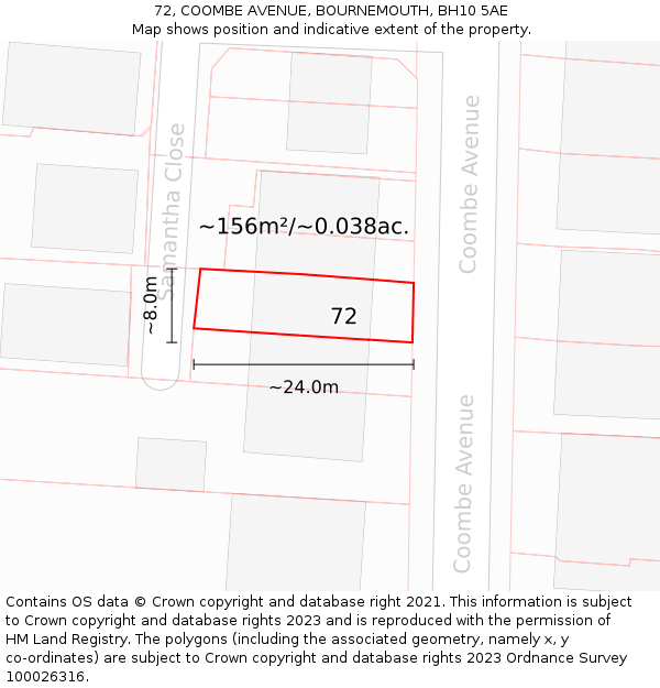 72, COOMBE AVENUE, BOURNEMOUTH, BH10 5AE: Plot and title map