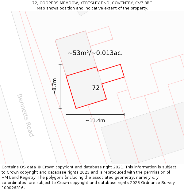 72, COOPERS MEADOW, KERESLEY END, COVENTRY, CV7 8RG: Plot and title map