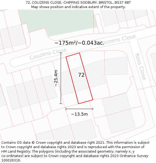 72, COUZENS CLOSE, CHIPPING SODBURY, BRISTOL, BS37 6BT: Plot and title map