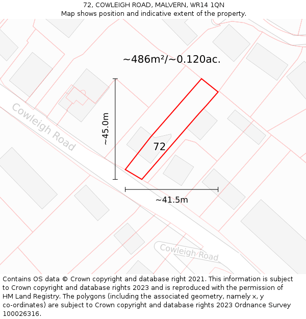 72, COWLEIGH ROAD, MALVERN, WR14 1QN: Plot and title map