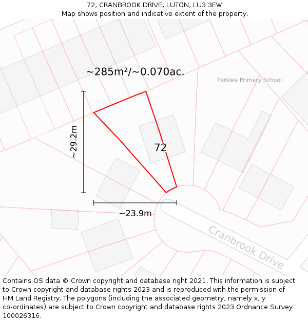 72, CRANBROOK DRIVE, LUTON, LU3 3EW: Plot and title map