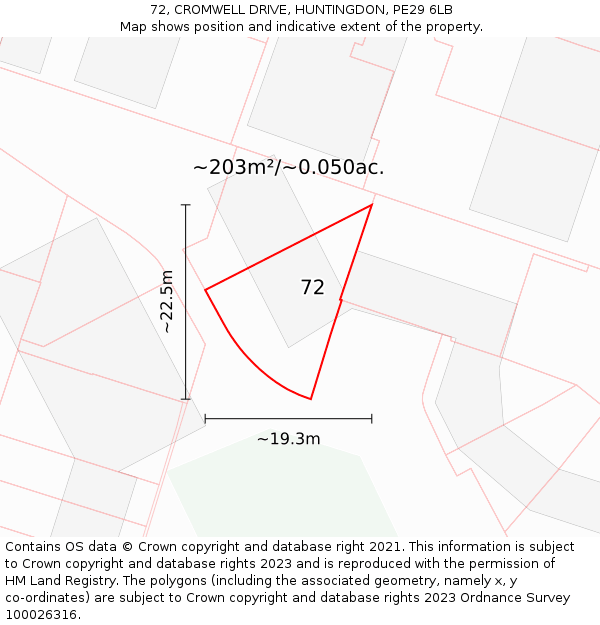 72, CROMWELL DRIVE, HUNTINGDON, PE29 6LB: Plot and title map