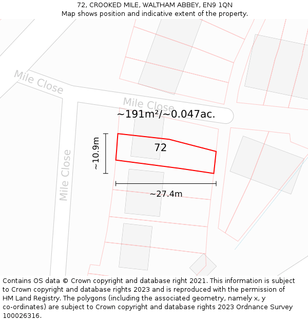 72, CROOKED MILE, WALTHAM ABBEY, EN9 1QN: Plot and title map