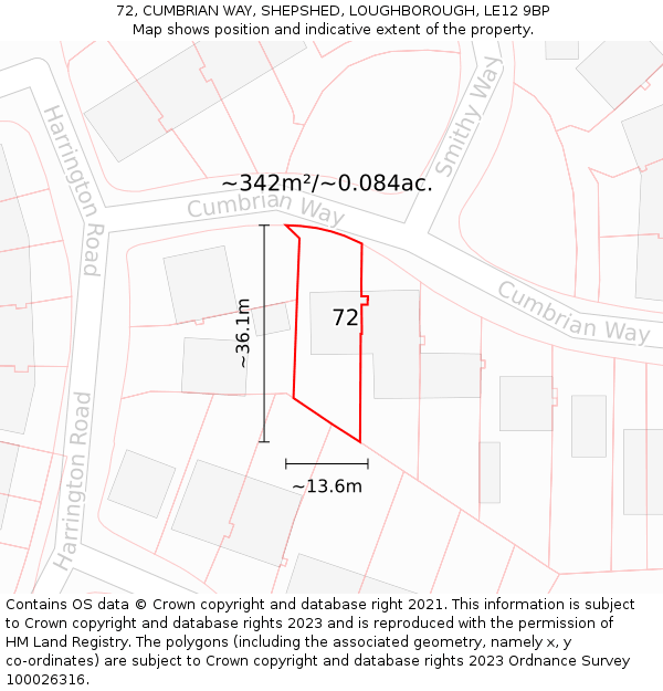 72, CUMBRIAN WAY, SHEPSHED, LOUGHBOROUGH, LE12 9BP: Plot and title map