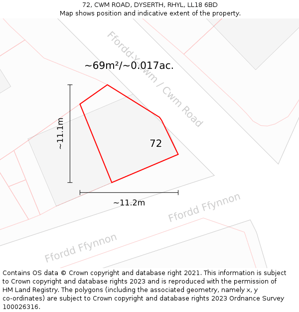 72, CWM ROAD, DYSERTH, RHYL, LL18 6BD: Plot and title map