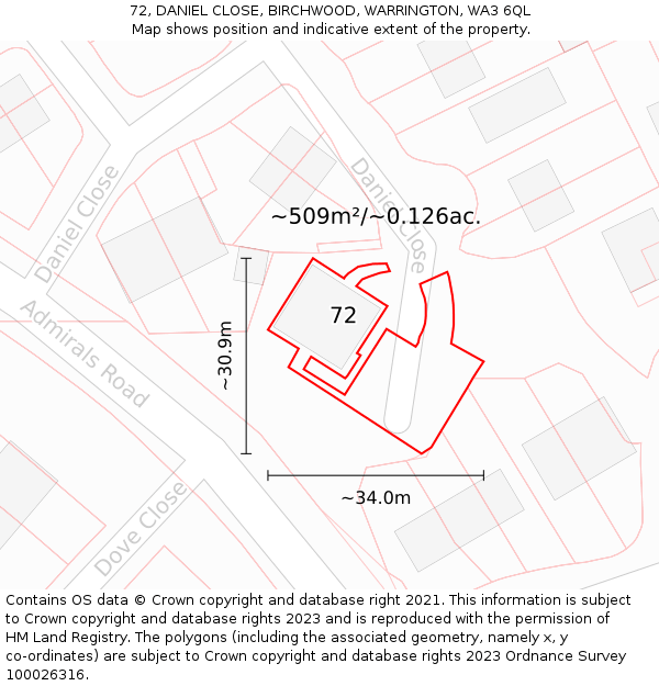 72, DANIEL CLOSE, BIRCHWOOD, WARRINGTON, WA3 6QL: Plot and title map