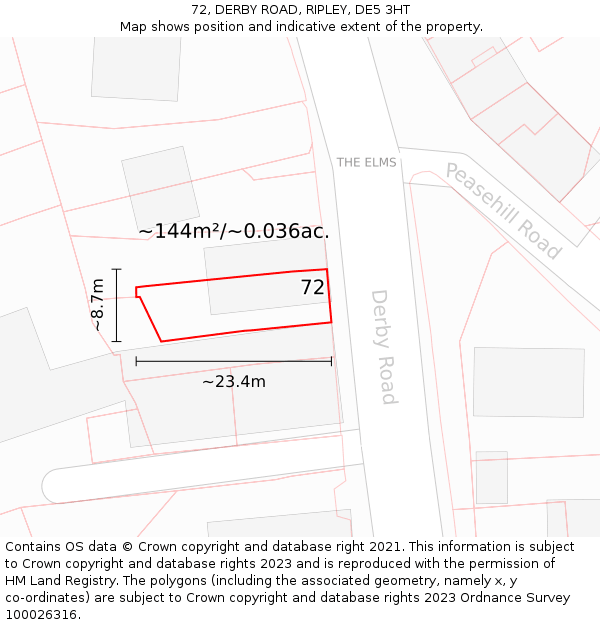 72, DERBY ROAD, RIPLEY, DE5 3HT: Plot and title map