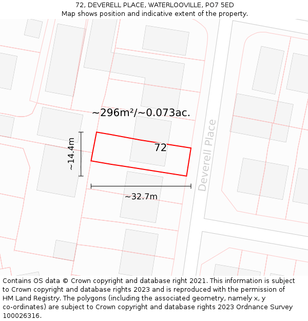 72, DEVERELL PLACE, WATERLOOVILLE, PO7 5ED: Plot and title map