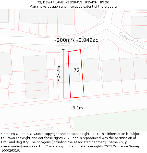 72, DEWAR LANE, KESGRAVE, IPSWICH, IP5 2GJ: Plot and title map