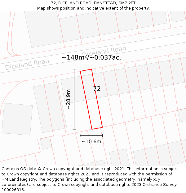 72, DICELAND ROAD, BANSTEAD, SM7 2ET: Plot and title map