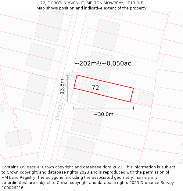 72, DOROTHY AVENUE, MELTON MOWBRAY, LE13 0LB: Plot and title map