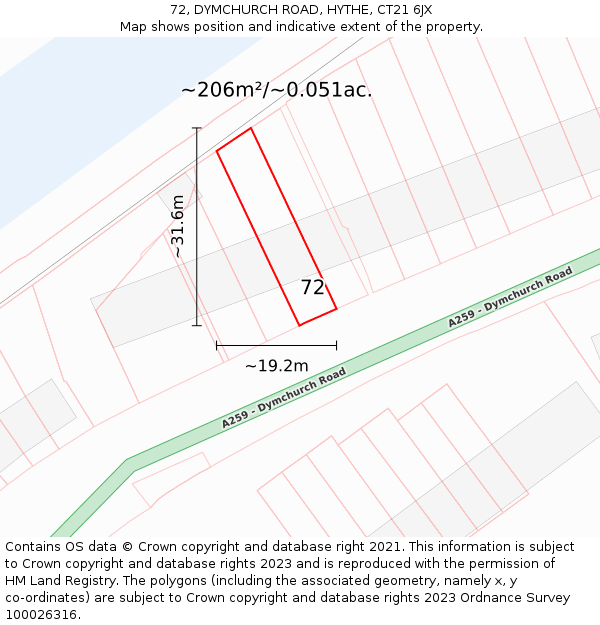 72, DYMCHURCH ROAD, HYTHE, CT21 6JX: Plot and title map