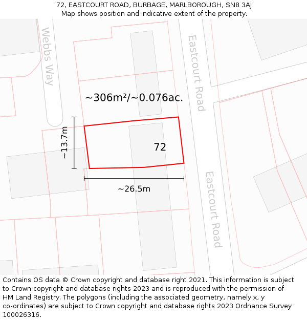 72, EASTCOURT ROAD, BURBAGE, MARLBOROUGH, SN8 3AJ: Plot and title map