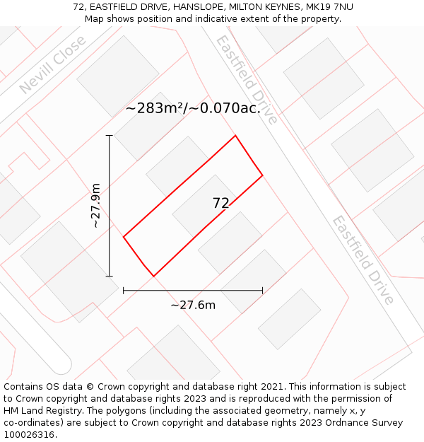 72, EASTFIELD DRIVE, HANSLOPE, MILTON KEYNES, MK19 7NU: Plot and title map