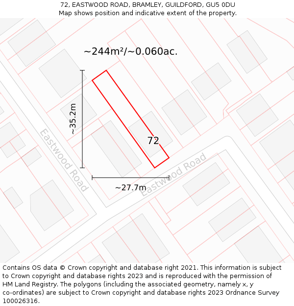 72, EASTWOOD ROAD, BRAMLEY, GUILDFORD, GU5 0DU: Plot and title map