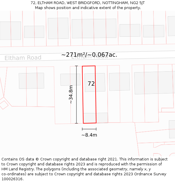 72, ELTHAM ROAD, WEST BRIDGFORD, NOTTINGHAM, NG2 5JT: Plot and title map