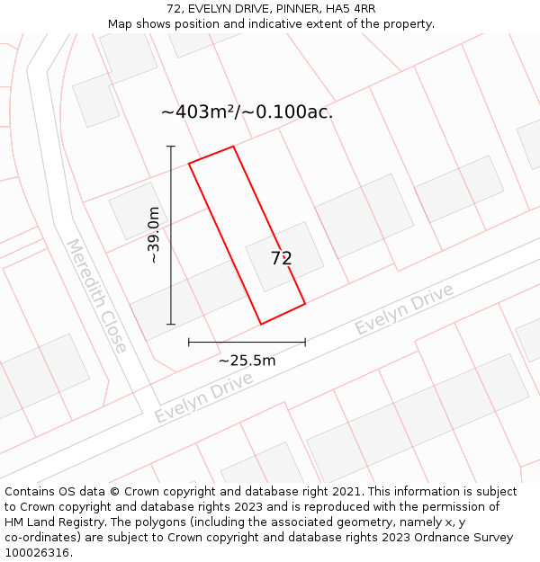 72, EVELYN DRIVE, PINNER, HA5 4RR: Plot and title map