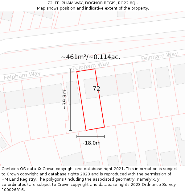 72, FELPHAM WAY, BOGNOR REGIS, PO22 8QU: Plot and title map