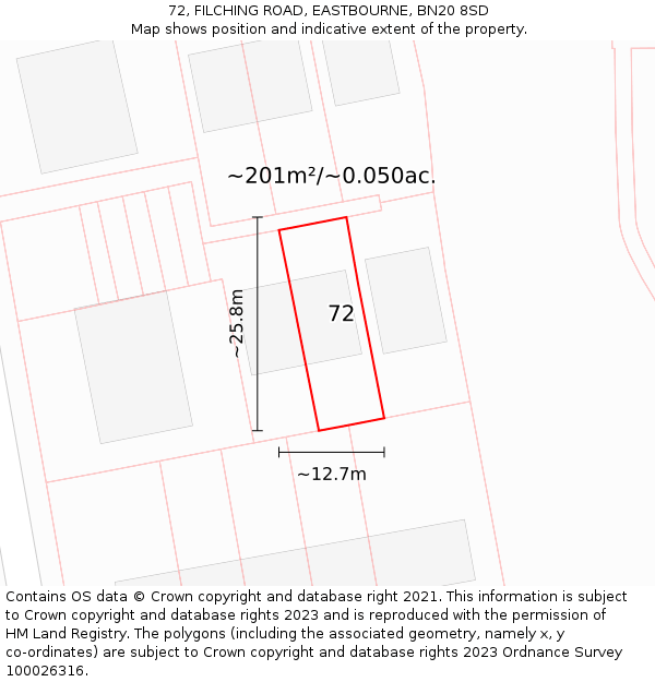 72, FILCHING ROAD, EASTBOURNE, BN20 8SD: Plot and title map