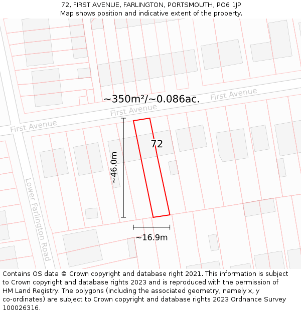 72, FIRST AVENUE, FARLINGTON, PORTSMOUTH, PO6 1JP: Plot and title map