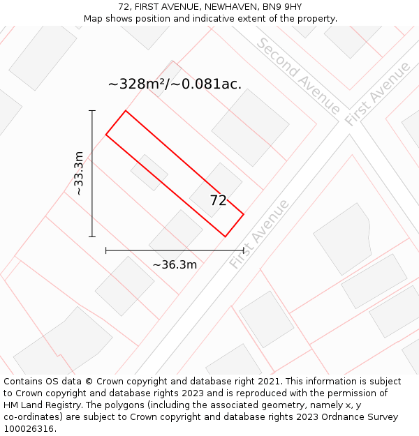 72, FIRST AVENUE, NEWHAVEN, BN9 9HY: Plot and title map