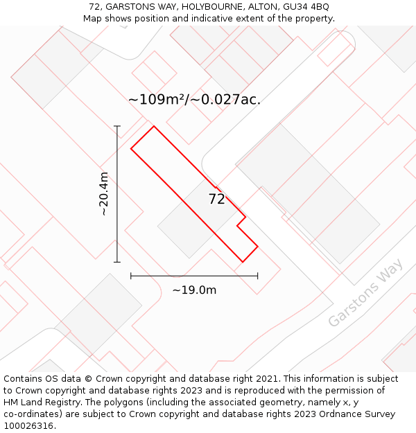 72, GARSTONS WAY, HOLYBOURNE, ALTON, GU34 4BQ: Plot and title map