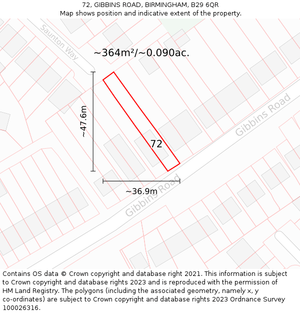 72, GIBBINS ROAD, BIRMINGHAM, B29 6QR: Plot and title map