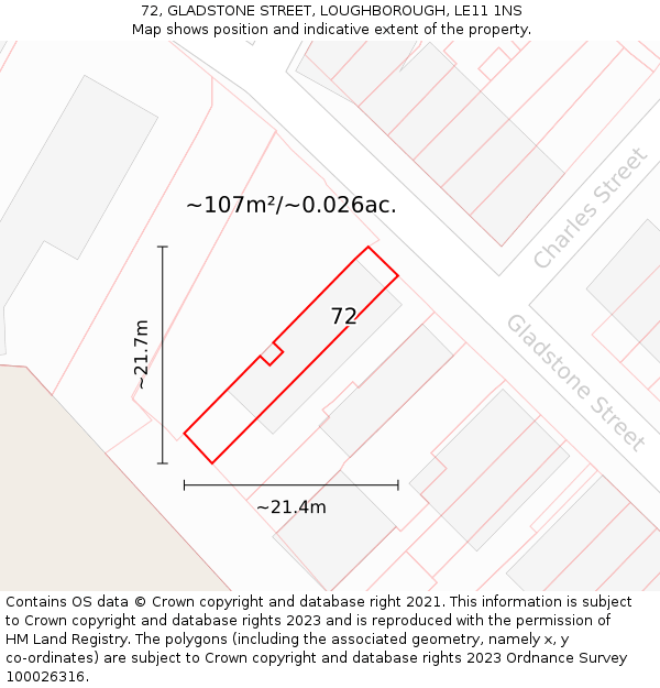 72, GLADSTONE STREET, LOUGHBOROUGH, LE11 1NS: Plot and title map