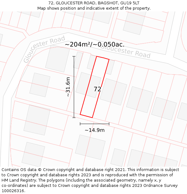 72, GLOUCESTER ROAD, BAGSHOT, GU19 5LT: Plot and title map