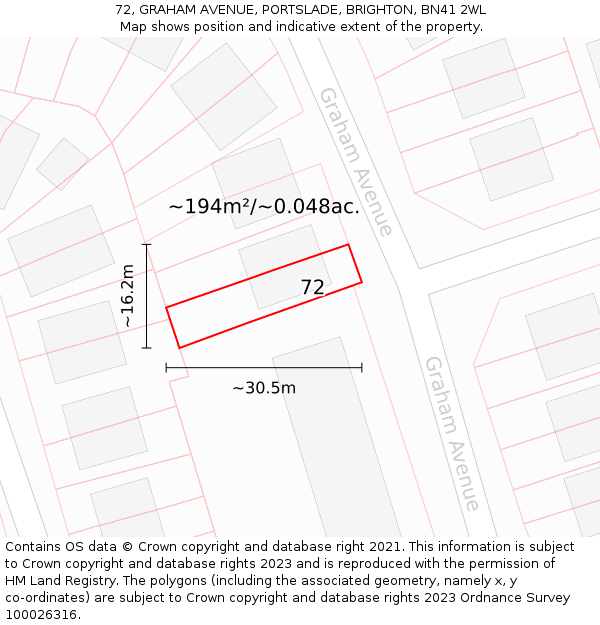 72, GRAHAM AVENUE, PORTSLADE, BRIGHTON, BN41 2WL: Plot and title map