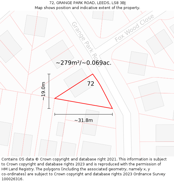 72, GRANGE PARK ROAD, LEEDS, LS8 3BJ: Plot and title map