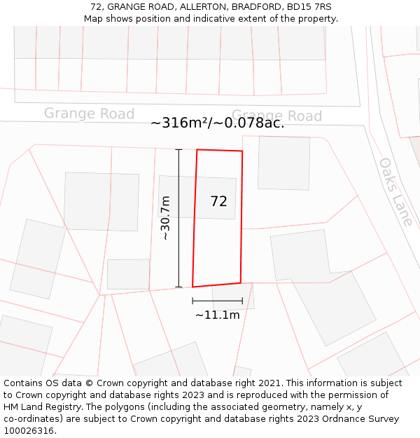 72, GRANGE ROAD, ALLERTON, BRADFORD, BD15 7RS: Plot and title map