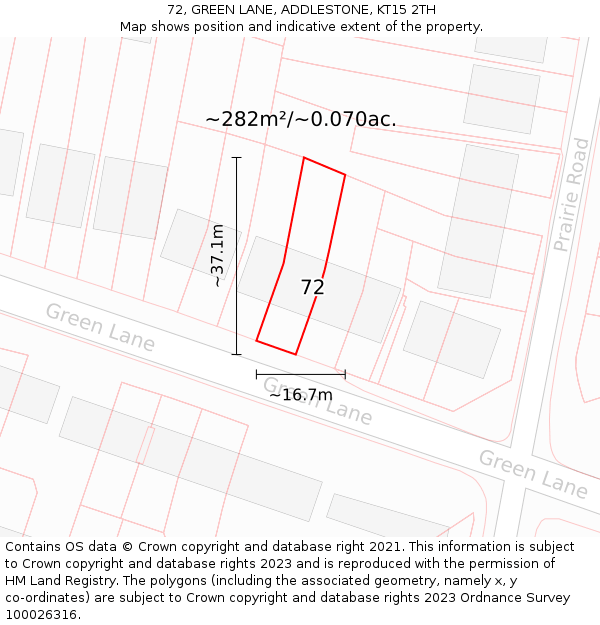 72, GREEN LANE, ADDLESTONE, KT15 2TH: Plot and title map