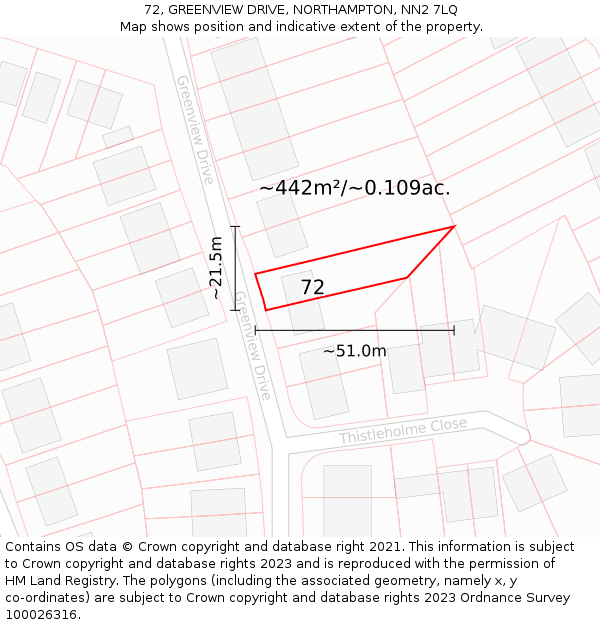 72, GREENVIEW DRIVE, NORTHAMPTON, NN2 7LQ: Plot and title map