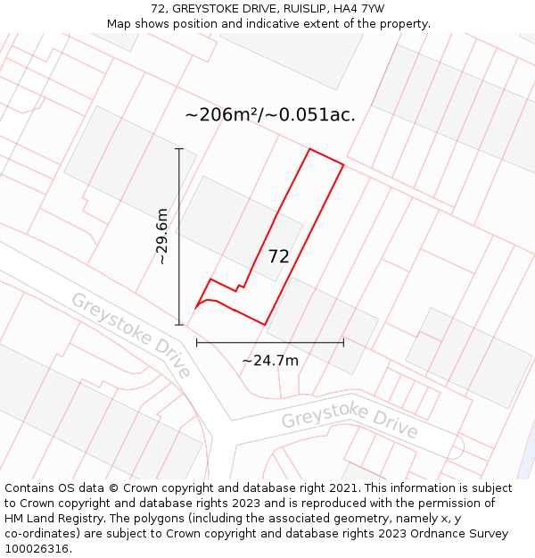 72, GREYSTOKE DRIVE, RUISLIP, HA4 7YW: Plot and title map