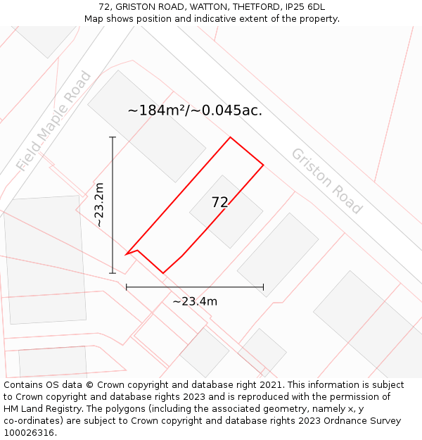 72, GRISTON ROAD, WATTON, THETFORD, IP25 6DL: Plot and title map