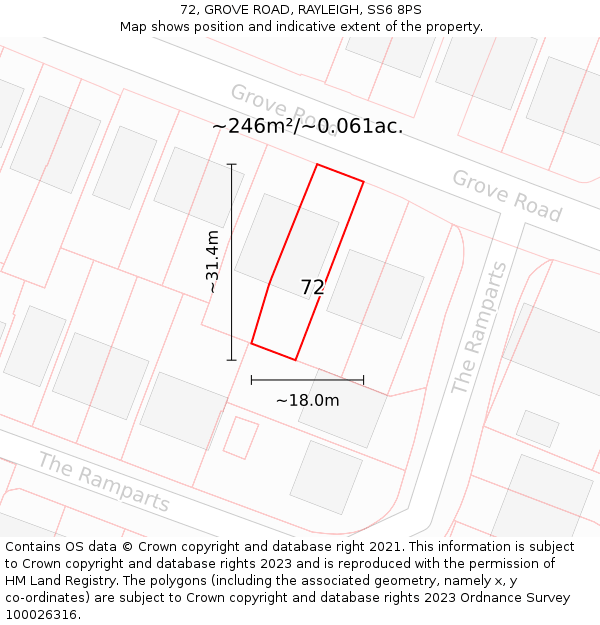 72, GROVE ROAD, RAYLEIGH, SS6 8PS: Plot and title map