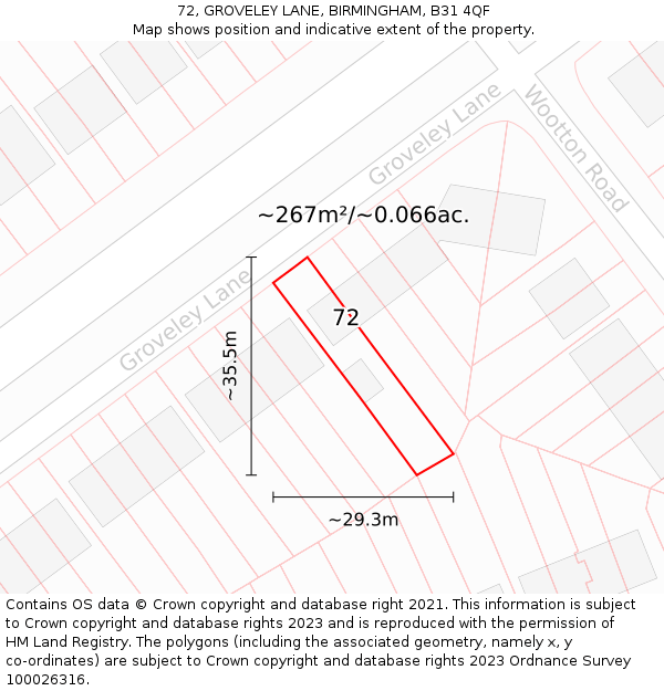 72, GROVELEY LANE, BIRMINGHAM, B31 4QF: Plot and title map