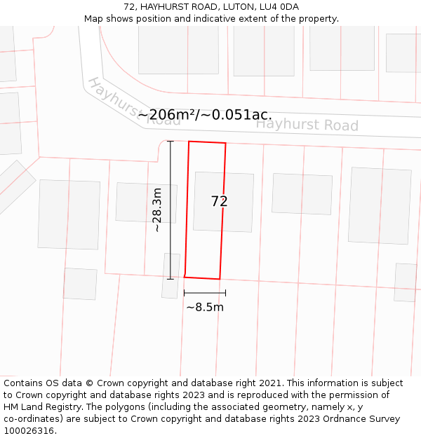 72, HAYHURST ROAD, LUTON, LU4 0DA: Plot and title map