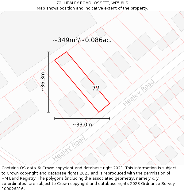 72, HEALEY ROAD, OSSETT, WF5 8LS: Plot and title map