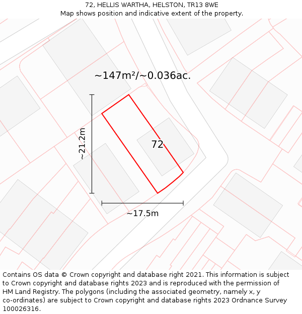 72, HELLIS WARTHA, HELSTON, TR13 8WE: Plot and title map