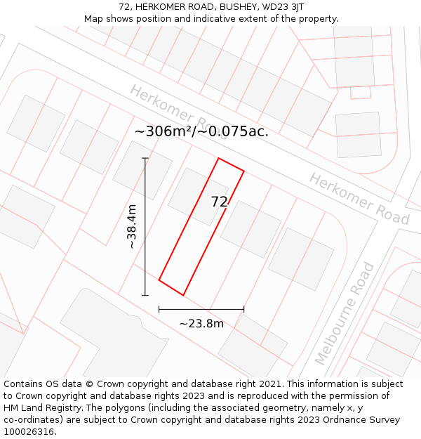 72, HERKOMER ROAD, BUSHEY, WD23 3JT: Plot and title map