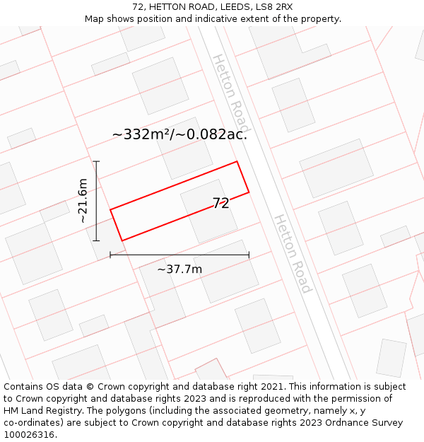 72, HETTON ROAD, LEEDS, LS8 2RX: Plot and title map