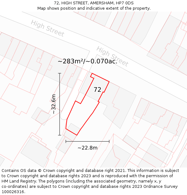 72, HIGH STREET, AMERSHAM, HP7 0DS: Plot and title map