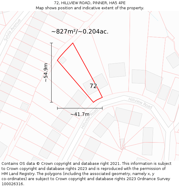 72, HILLVIEW ROAD, PINNER, HA5 4PE: Plot and title map