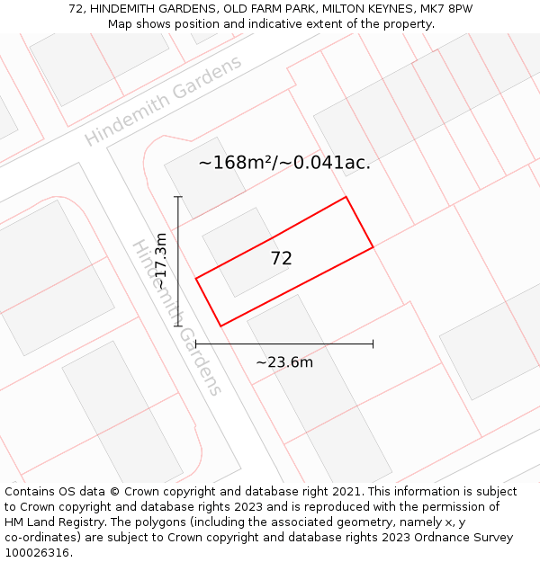 72, HINDEMITH GARDENS, OLD FARM PARK, MILTON KEYNES, MK7 8PW: Plot and title map