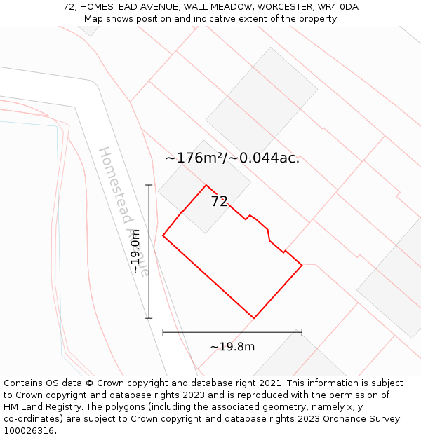 72, HOMESTEAD AVENUE, WALL MEADOW, WORCESTER, WR4 0DA: Plot and title map