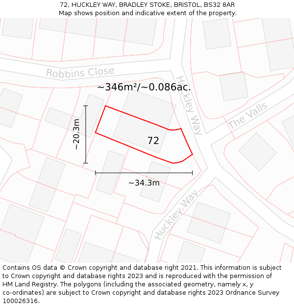 72, HUCKLEY WAY, BRADLEY STOKE, BRISTOL, BS32 8AR: Plot and title map